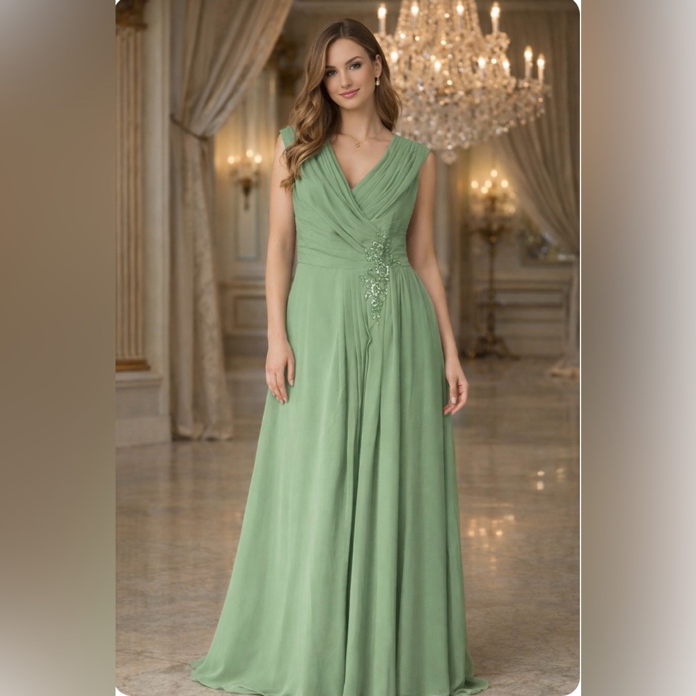 Elegant Sage Green Evening Gown w/Crossover top and Embellished Waist. Size 8-10